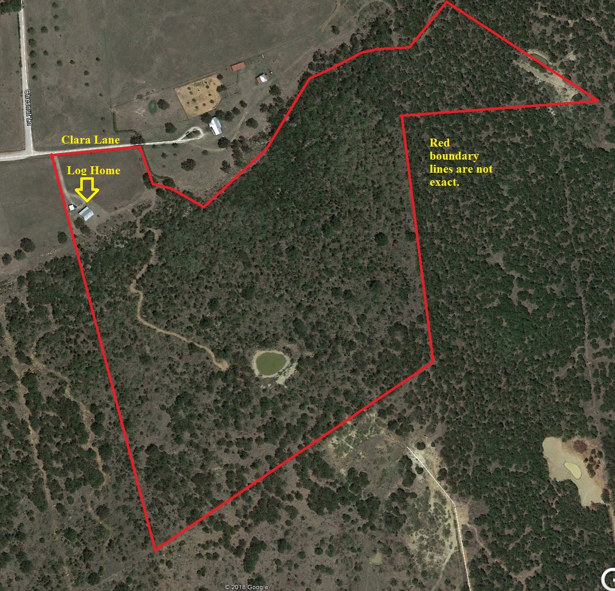 Aerial Map 42 Acres & Log Home, 566 Clara Lane, Santo, Texas SOLD