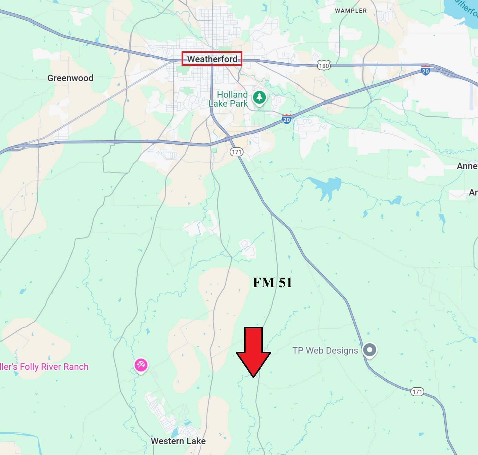 Local map showing location of 174.2-acre Brazos River Farm in Parker County, Texas, near Brock, Millsap, Mineral Wells, and Weatherford with access from Interstate 20.
