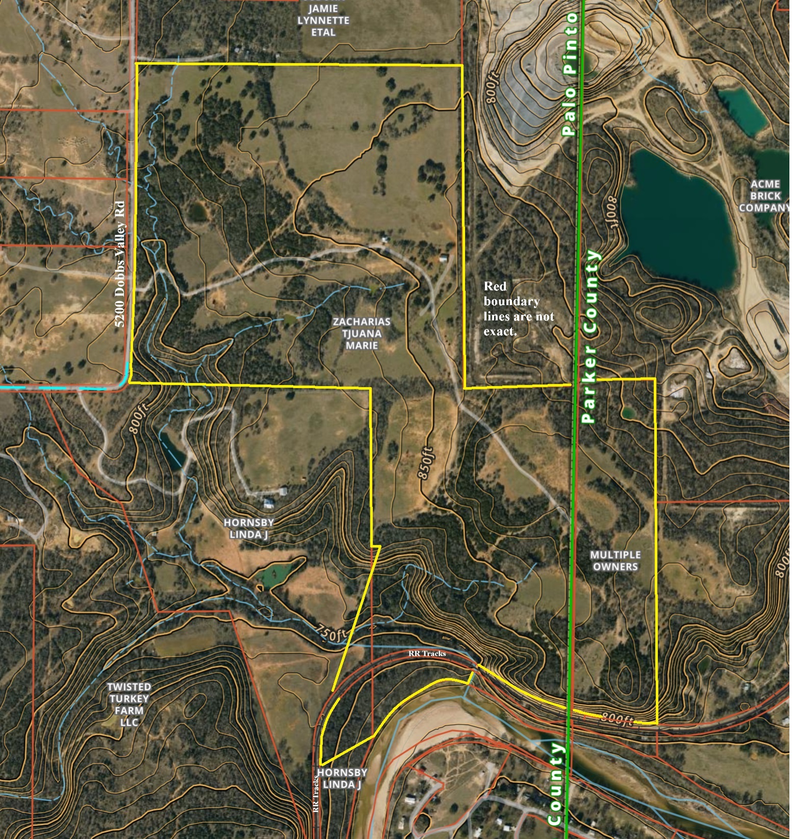 Aerial property map of 174.2-acre Brazos River Farm in Parker County, Texas, showing approximate green boundary lines along the Brazos River frontage.