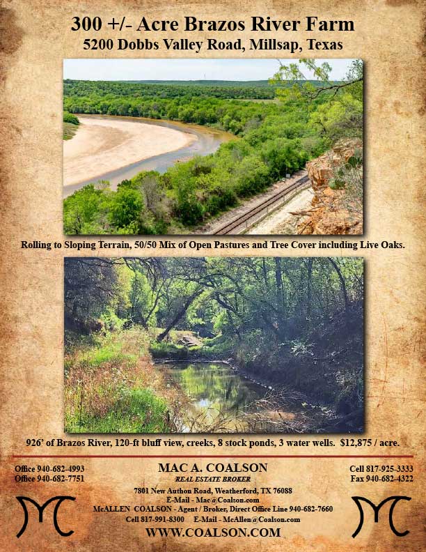 174.2 Acre Brazos River Farm for sale in Parker County, Texas – property brochure highlighting river frontage, productive sandy loam soils, large live oaks, two ranch-style homes, water wells, and $4,995,000 listing price by Coalson Real Estate.