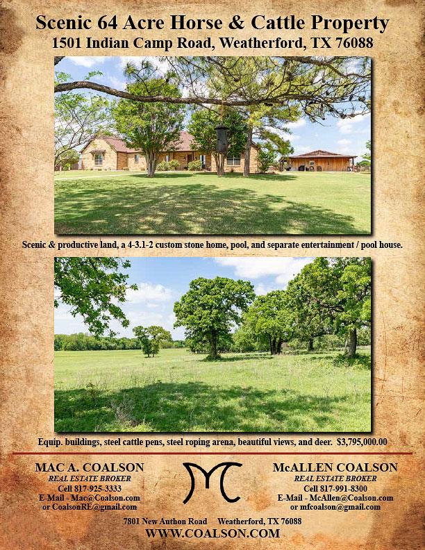 174.2 Acre Brazos River Farm for sale in Parker County, Texas – property brochure highlighting river frontage, productive sandy loam soils, large live oaks, two ranch-style homes, water wells, and $4,995,000 listing price by Coalson Real Estate.